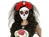 Závoj červené růže s lebkou - Halloween - Karnevalové doplňky