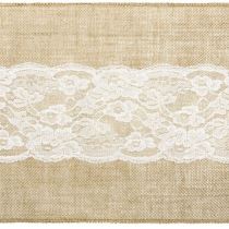 Dekorační juta s bílou krajkou - svatba - běhoun - 28 x 275 cm - Pronájem příslušenství - dekorací
