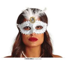 Škraboška - maska bílá s peřím - Karneval