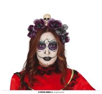 Čelenka s lebkou a šedofialovými květy - Halloween - Karneval