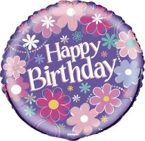 BALON FOLIOVÝ narozeniny - Happy Birthday květy - 45 cm - Čelenky, věnce, spony, šperky
