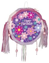 Piňata Happy Birthday - narozeniny - Květiny -  47x47x2,5 cm - tahací - Narozeniny