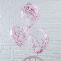 BALÓNKY 30cm - průhledné s růžovými konfetami - 6 ks - Baby shower – Těhotenský večírek
