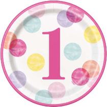 Talíře 1. narozeniny růžové s puntíky - HOLKA - 22 cm - 8 ks - Happy birthday - Nelicence