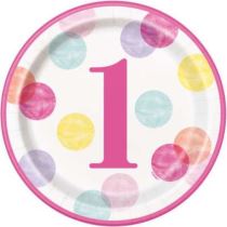 Talíře 1. narozeniny růžové s puntíky - HOLKA - 22 cm - 8 ks - Happy birthday - Papírové