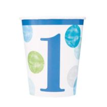 Papírové kelímky 1. narozeniny modré s puntíky KLUK - 270 ml - 8 ks - Happy birthday - Nelicence