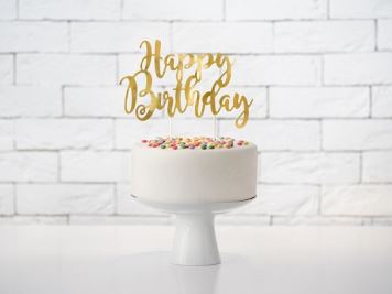 Dekorace - zápich na dort Happy Birthday - narozeniny - zlatá - 22,5 cm