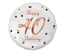 Balón foliový bílý 40 let - Happy birthday - narozeniny - růžovozlatý nápis -  45 cm - Jubilejní narozeniny