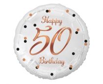 Balón foliový bílý 50 let - Happy birthday - narozeniny - růžovozlatý nápis -  45 cm - Jubilejní narozeniny