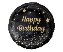 Balón foliový černý - Happy Birthday - narozeniny - zlatý nápis - 45 cm - Narozeniny