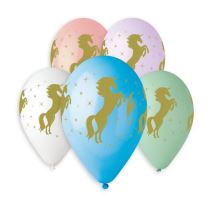 Balónek pastel 30 cm potisk  zlatý jednorožec / unicorn - 1 ks - Unicorn - jednorožec