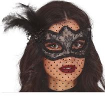 Škraboška - maska černá se závojem a peřím - Karnevalové masky, škrabošky
