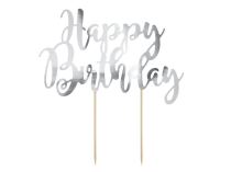 Dekorace na dort Happy Birthday - narozeniny - stříbrná - 22,5 cm - Dortové