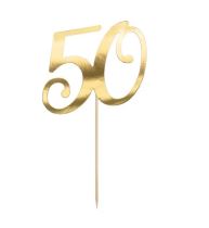 Dekorace - zápich na dort - 50 - narozeniny - Happy birthday - zlatá - 20,5 cm