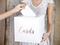 Krabička na blahopřání - Svatba s růžovozlatým nápisem "Cards" 24x24x24 cm - Svatební sortiment  na objednávku