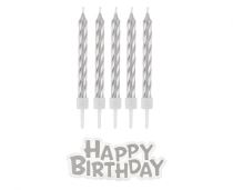 Svíčky narozeniny - Happy Birthday - stříbrné - 16 ks - 7 cm - Dekorace
