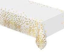 Ubrus foliový  zlaté puntíky - bílý - 137 x 183 cm - BBQ party / jednorázové nádobí