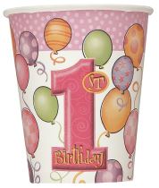 Kelímky - růžové 1. narozeniny - 8 ks - 270 ml - Happy birthday - Balónky