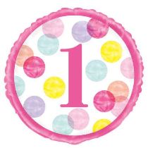 Balón foliový 1. narozeniny  růžový s puntíky - HOLKA - Happy birthday - 45 cm - 1. Narozeniny holčička