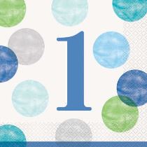 Ubrousky 1. narozeniny modré s puntíky - KLUK - 33 x 33 cm -16 ks - Happy birthday - Helium