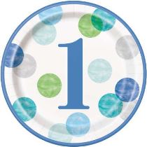 Talíře 1. narozeniny modré s puntíky - KLUK - 22 cm - 8 ks - Happy birthday - Helium