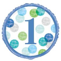 Balón foliový 1. narozeniny modrý s puntíky -  KLUK - 45 cm - Happy birthday - 1. Narozeniny kluk