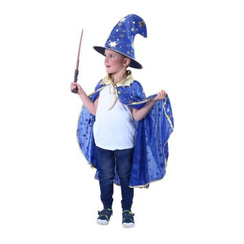 Dětský kouzelnický modrý plášť s hvězdami a klobouk - čarodějnice - Halloween
