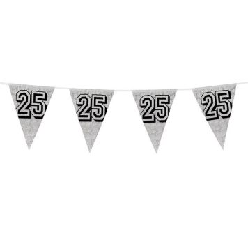 Girlanda vlajky "25" narozeniny holografická stříbrná - 800 cm