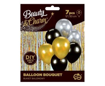 Sada latexových balónků - chromovaná  zlatá, stříbrná, černá - 7 ks - 30 cm - Silvestr