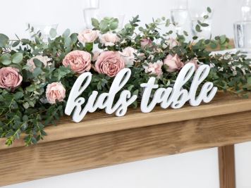 Dřevěný nápis "Kids table" - dětský stůl - bílá,  38 x 10 cm