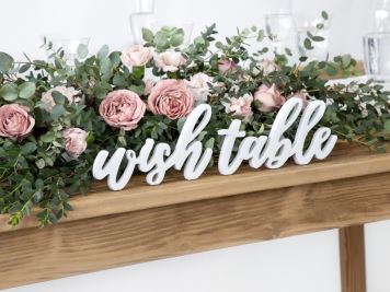 Dřevěný nápis "Wish table" - Stůl Přání - bílá, 40 x 10cm