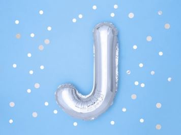 Balón foliový písmeno "J", 35cm, STŘÍBRNÝ (NELZE PLNIT HELIEM)