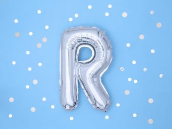 Balón foliový písmeno "R", 35cm, STŘÍBRNÝ (NELZE PLNIT HELIEM)