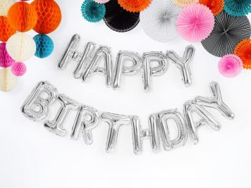 Balón foliový nápis narozeniny - HAPPY BIRTHDAY - STŘÍBRNÝ - silver 340 x 35 cm - Balónek