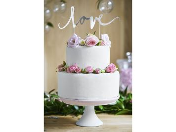 Dekorace - zápich na dort - love - stříbrná 17 cm - Valentýn / Svatba