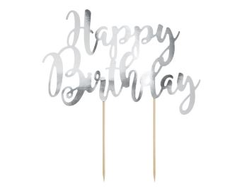 Dekorace - zápich na dort Happy Birthday - narozeniny - stříbrná - 22,5 cm