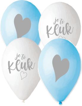 Balónek s českým potiskem JE TO KLUK! - modrá a bílá - 30 cm - 5 ks