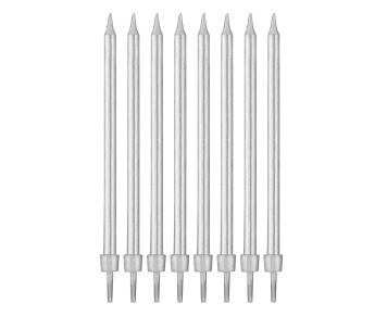 Narozeninové svíčky střibrné s podstavcemi délka - 10 cm - 8 ks