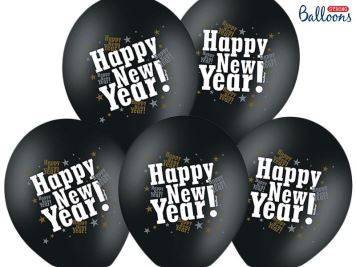Balónky 30cm metalické černé - HAPPY NEW YEAR - Silvestr