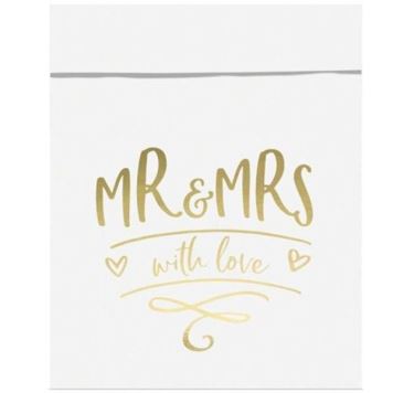 Papírové sáčky na sladkosti Mr&Mrs bílé - Svatba -13 x 14 cm - 6 ks