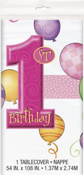 Ubrus 1. narozeniny růžový - holka -137 x 213 cm - Happy birthday