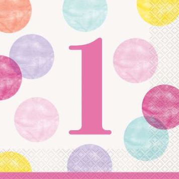 Ubrousky 1. narozeniny růžové s puntíky - HOLKA - 33 x 33 cm - 16 ks - Happy birthday