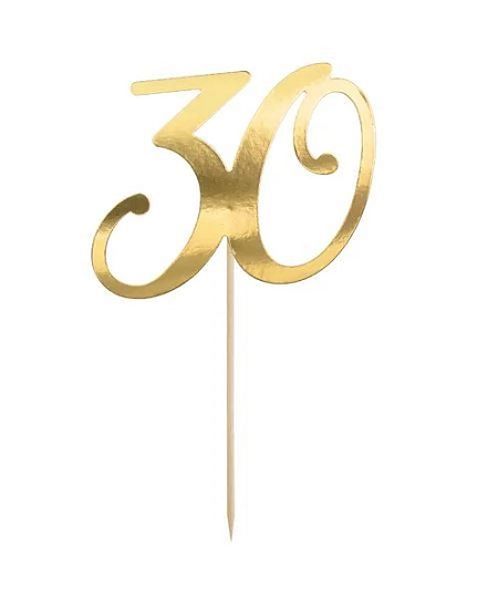 Dekorace - zápich na dort - 30 - narozeniny - Happy birthday - zlatá - 20,5 cm