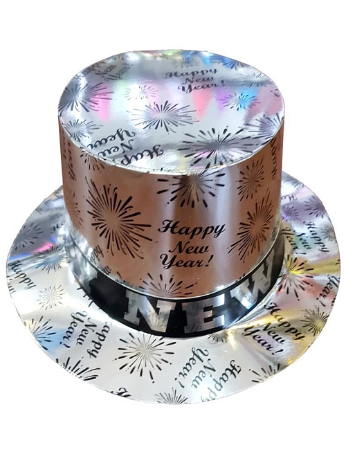 Klobouk - cylindr stříbrný HAPPY NEW YEAR - Silvestr