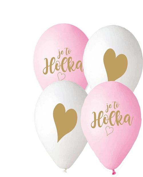 Balónek s českým potiskem JE TO HOLKA! - růžová a bílá - 30 cm - 5 ks