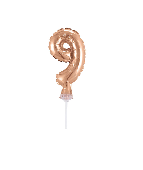 Balón foliový číslice - 9 -  RŮŽOVO ZLATÁ - ROSE GOLD 12,5 cm s držákem