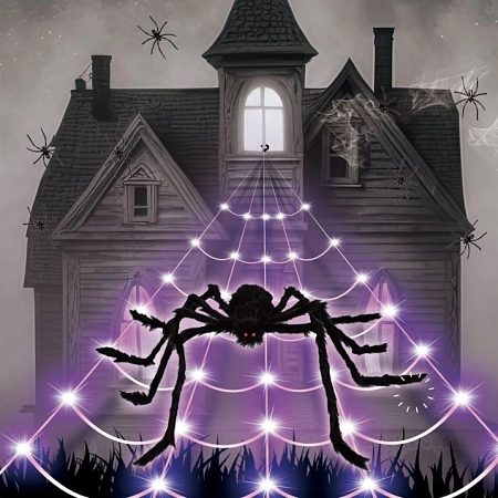 Dekorace obří pavouk s LED pavučina - Halloween - 500 cm