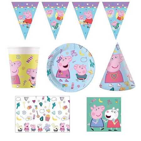 Dětská narozeninová sada prasátko Pepina - Peppa Pig - 12 osob, 66 ks