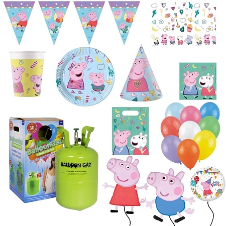 Dětská narozeninová sada prasátko Pepina - Peppa Pig s balónky a heliem - 12 osob, 98 ks