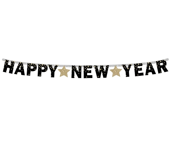 Papírová girlanda Happy New Year - Silvestr - zlaté hvězdy - 180 cm